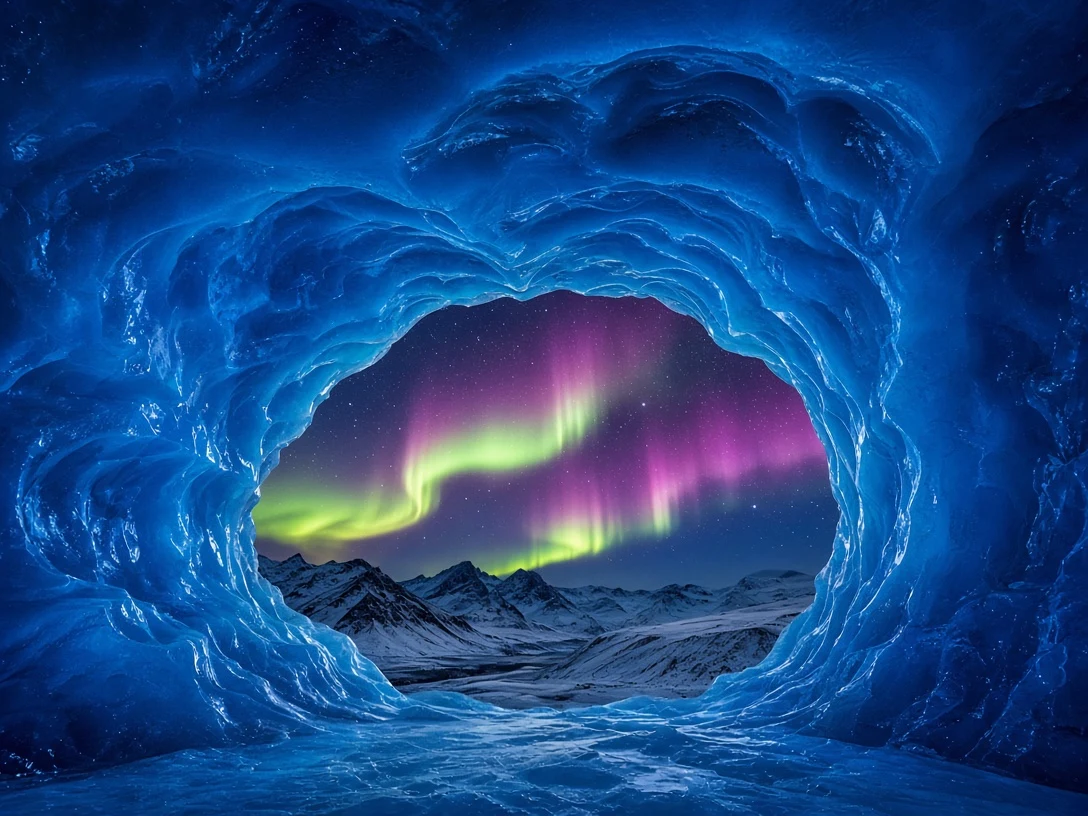 Glacial Ice Cave Portal Framing Undulating Chartreuse Aurora