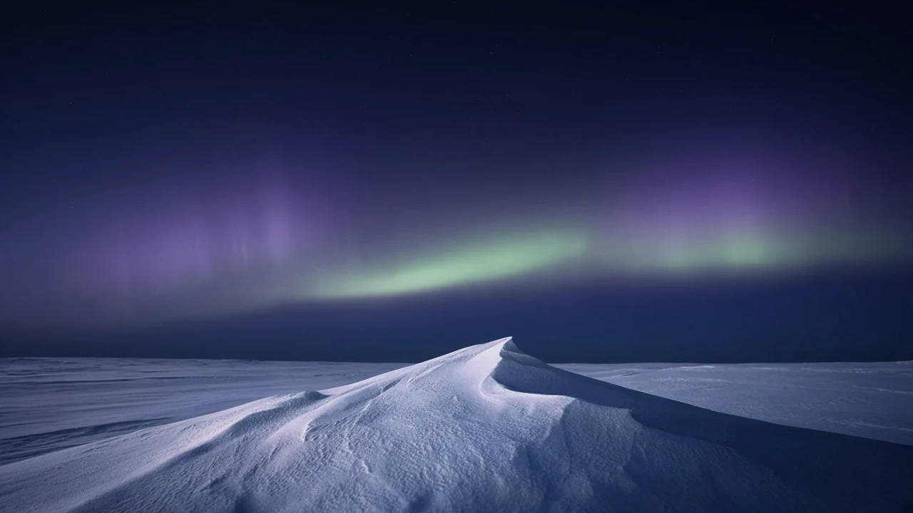 Minimalist Sastrugi Snow Wave Beneath Quiet Aurora Veil