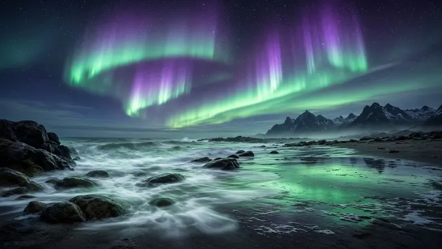 Crashing Arctic Surf and Granite Headlands Under Vibrant Aurora