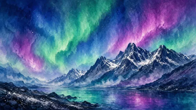 Luminous Watercolor and Gouache Fjord Under Northern Lights
