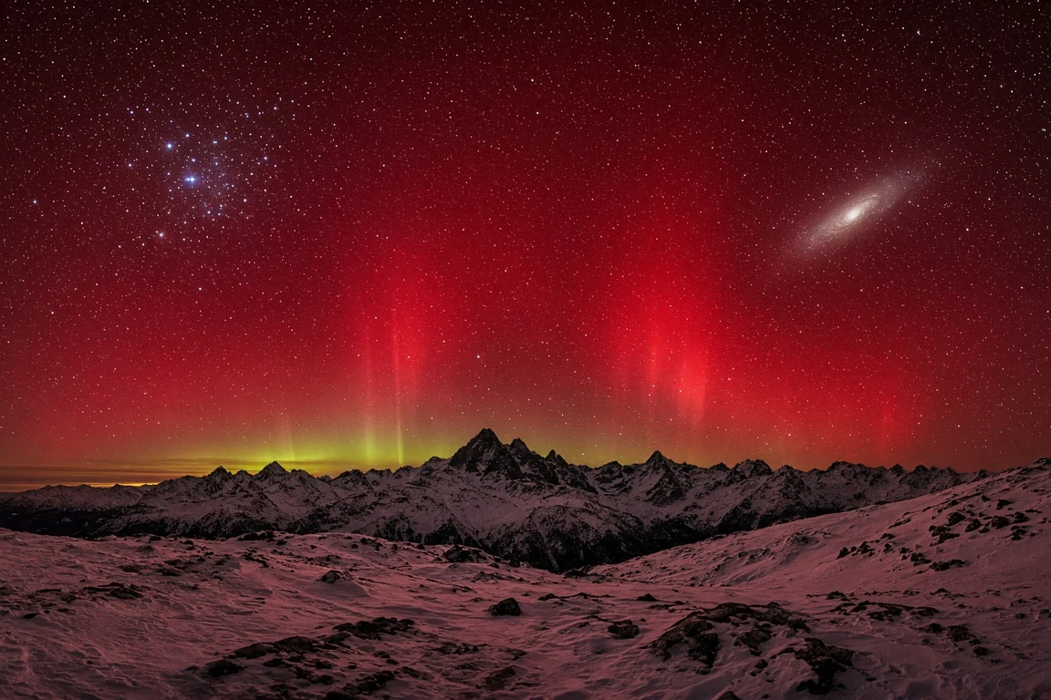Deep Red Nitrogen Aurora Arc Above High-Altitude Ridgeline