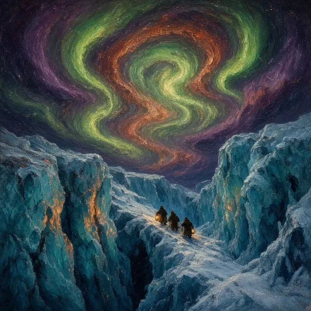 Romantic Sublime Oil Painting of Glacial Explorers Under Aurora
