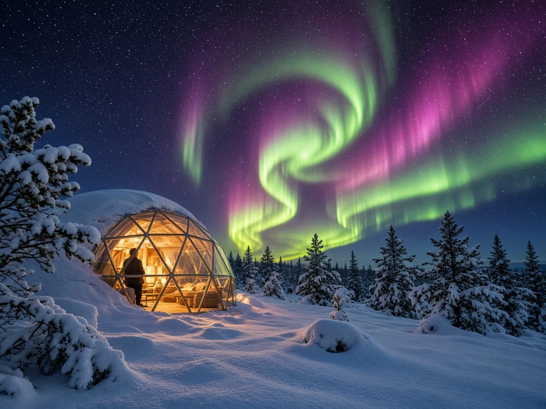 Glowing Glass Igloo Under Swirling Polar Light Vortex