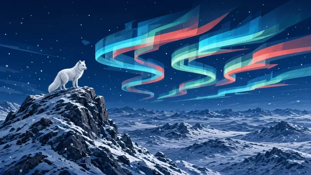 Solitary Arctic Fox on Snowy Crag Under Geometric Aurora Art