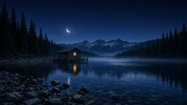 Subalpine Lake Mirror Under Moonlit Fir Ridges