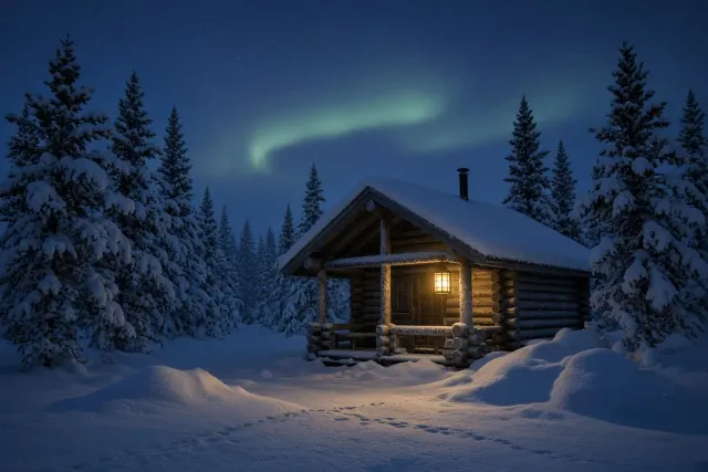 Silent Snowfall Around a Sheltered Lapland Cabin