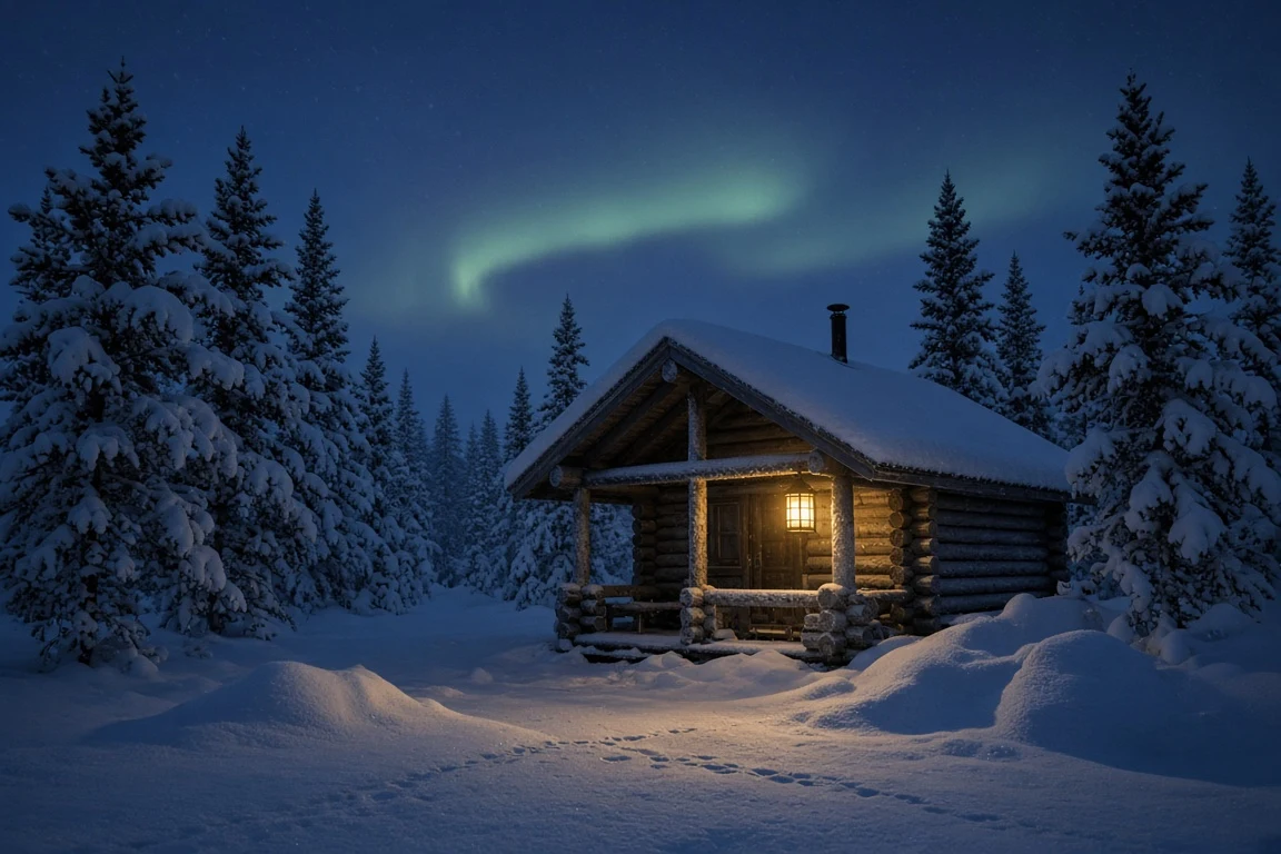 Silent Snowfall Around a Sheltered Lapland Cabin