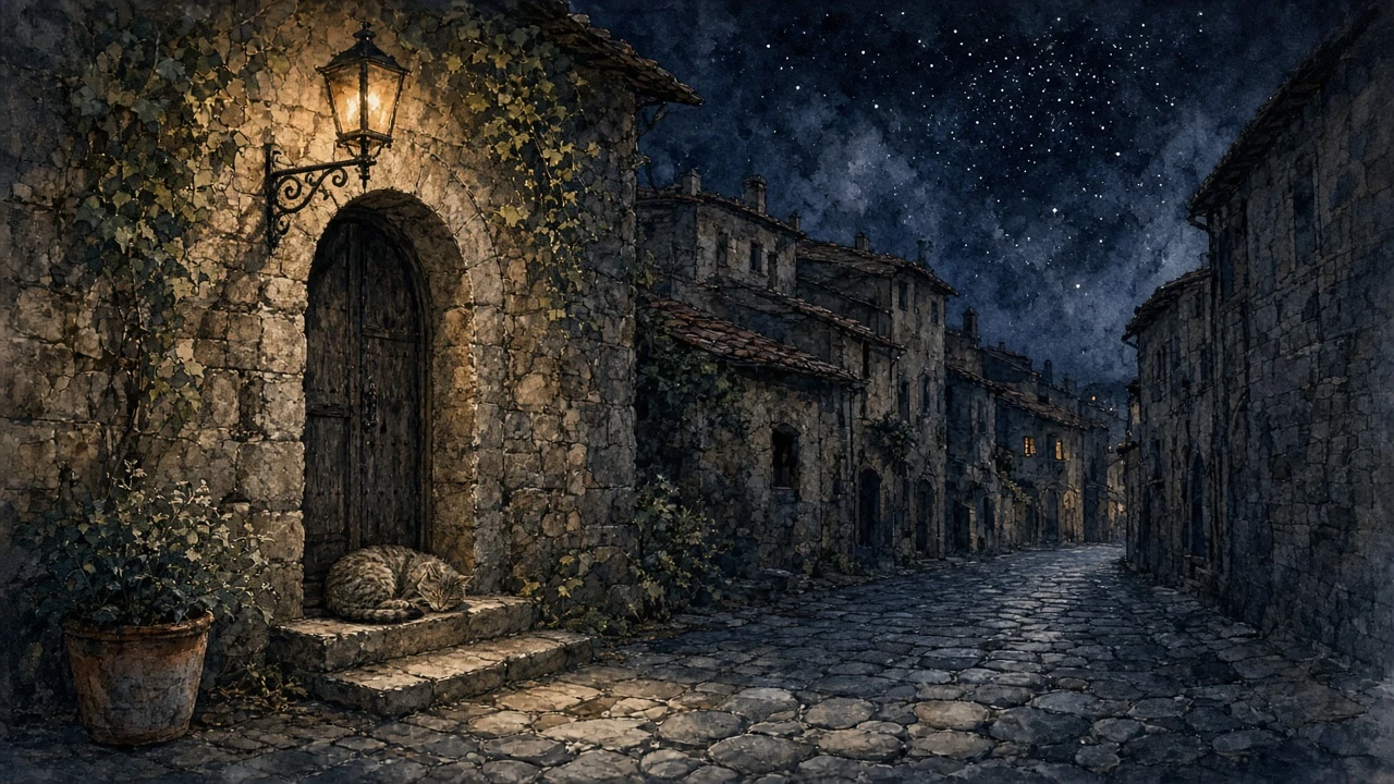 Sleeping Hilltown Lane in Nocturnal Watercolor