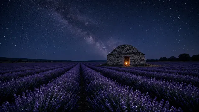 Summer Lavender Rows Before a Provençal Borie
