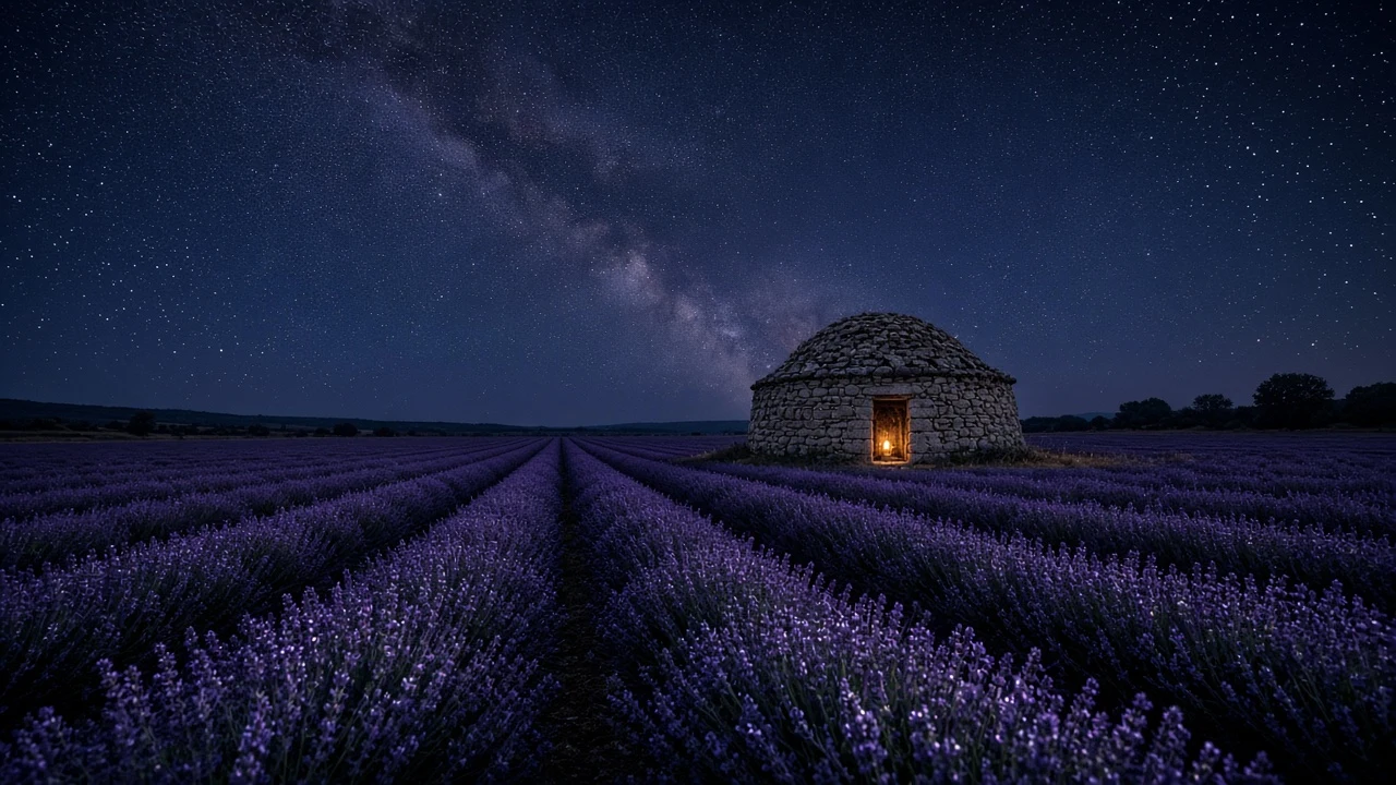 Summer Lavender Rows Before a Provençal Borie