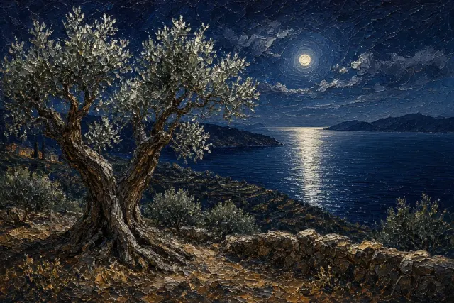 Moonlit Cretan Olive Grove and the Still Aegean