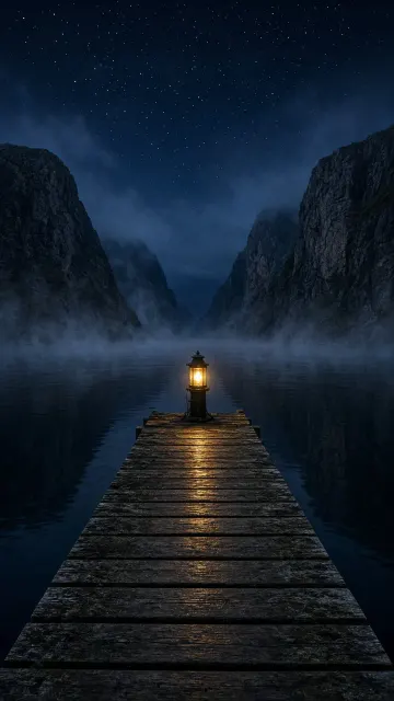Solitary Fjord Jetty and Drifting Midnight Mist