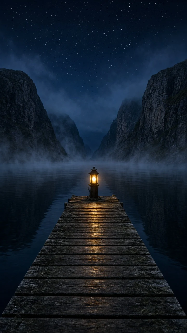 Solitary Fjord Jetty and Drifting Midnight Mist