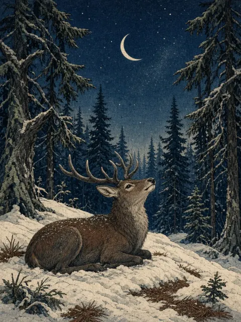 Resting Stag in the Starlit Boreal Glade