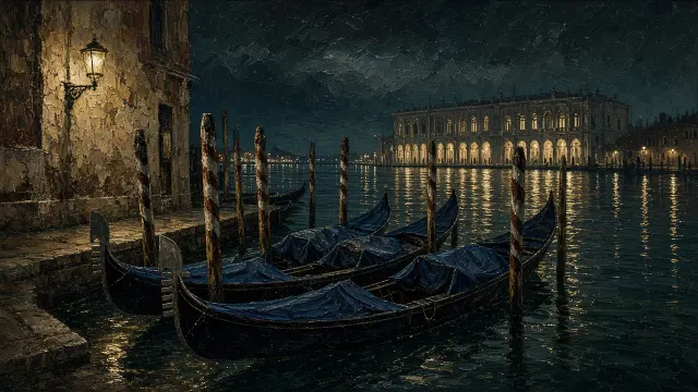 Moored Gondolas on the Sleepy Venetian Lagoon