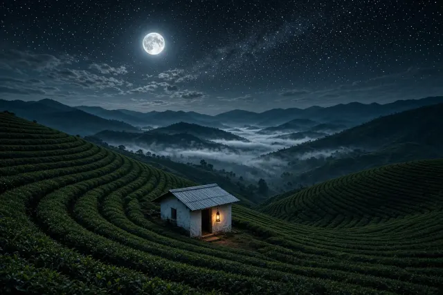 Moonlit Tea Terraces and Planter's Hut in Munnar