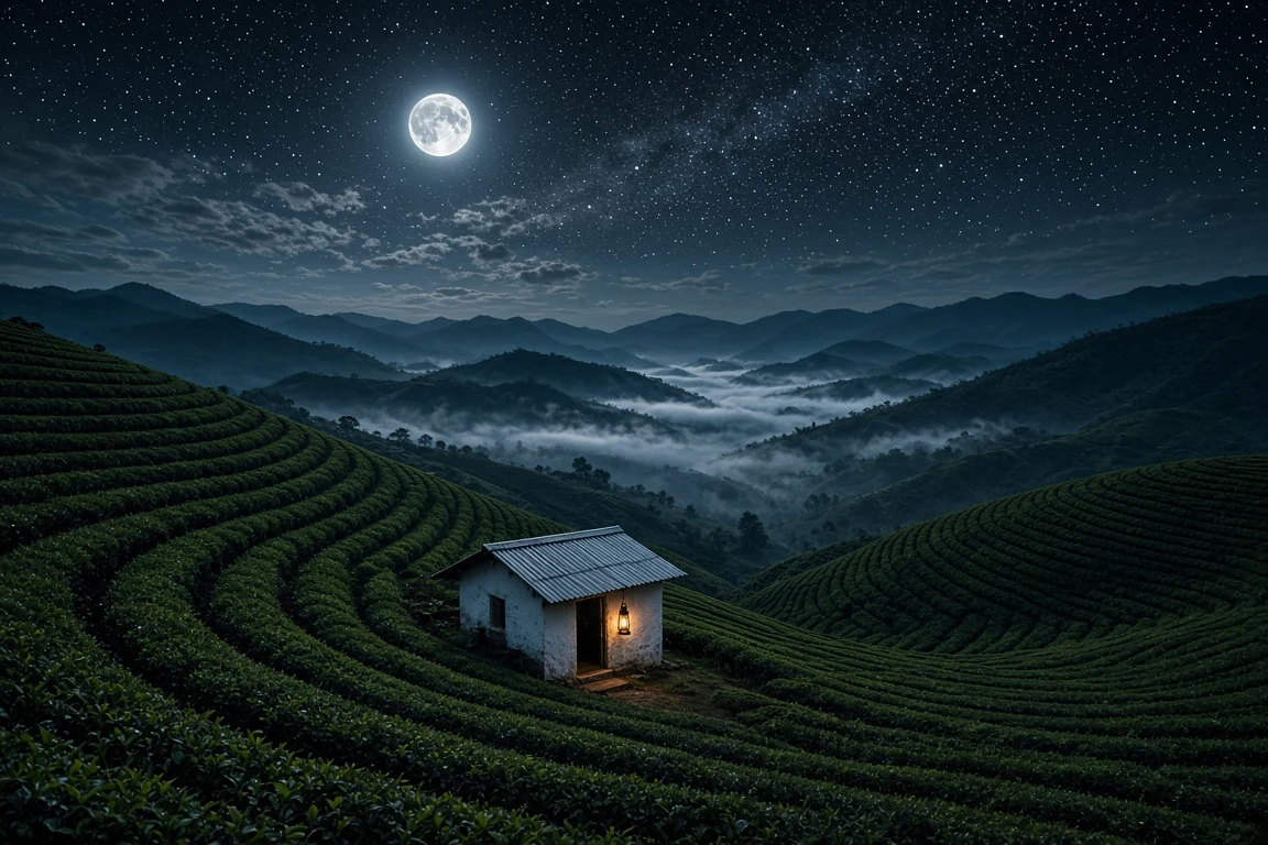 Moonlit Tea Terraces and Planter's Hut in Munnar
