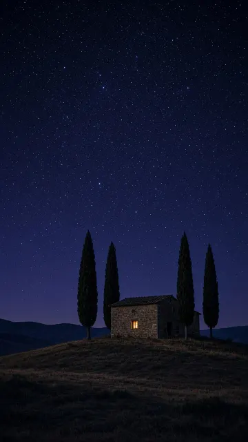 Tuscan Cypress Hill Under Midnight Constellations