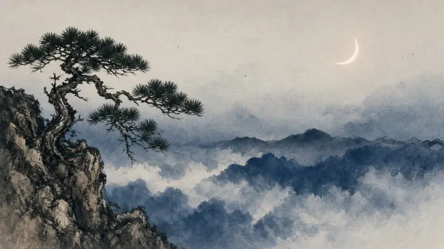 Nocturnal Peak and Pine in Sumi-e Wash