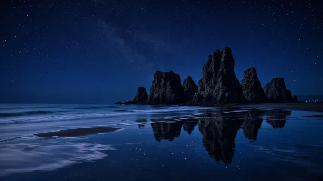 Tide Pools and Sea Stacks at Low Tide Midnight