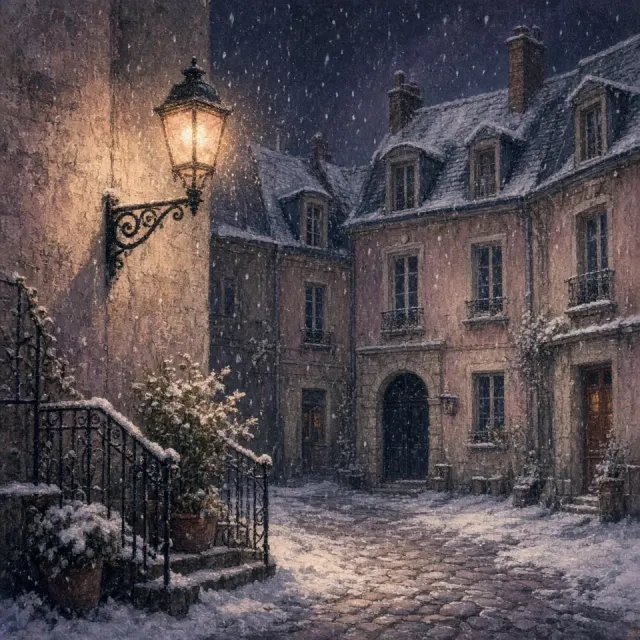Snow-Hushed Courtyard and Slate Mansard Roofs