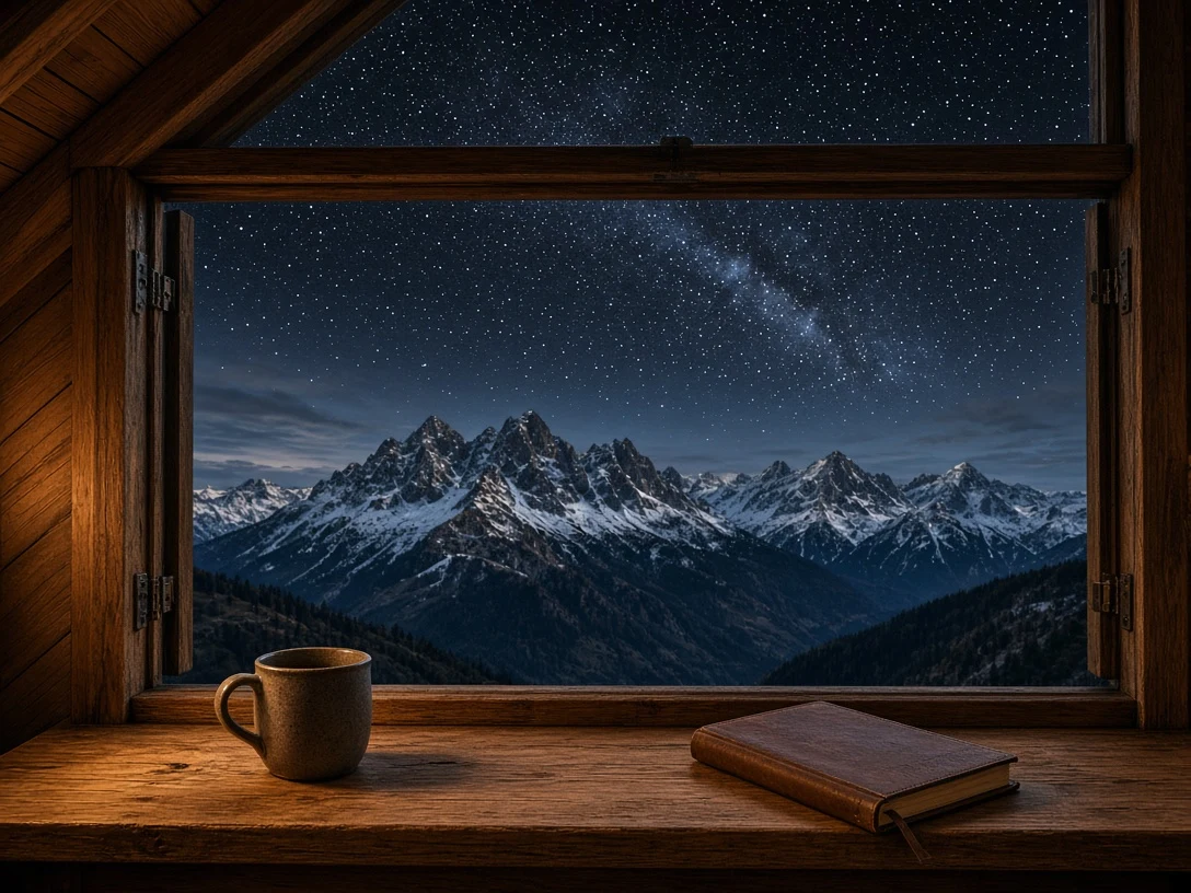 Attic Window View of Quiet Starlit Peaks