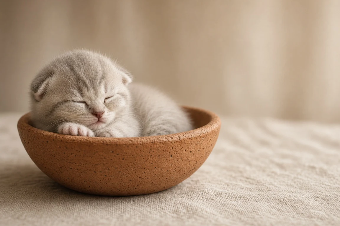 Scottish Fold Kitten Curled in Hand-Thrown Terracotta Bowl