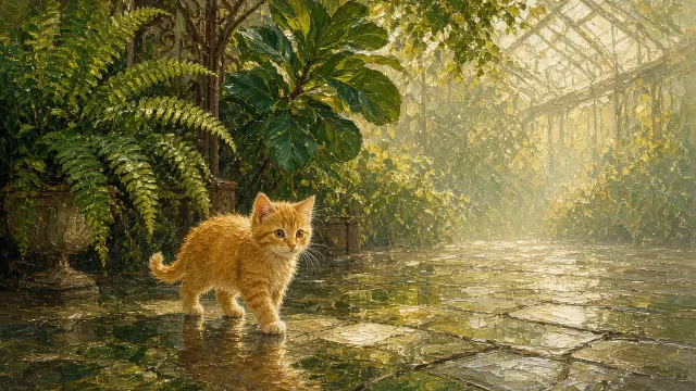 Ginger Tabby Among Conservatory Ferns Impressionist Oil