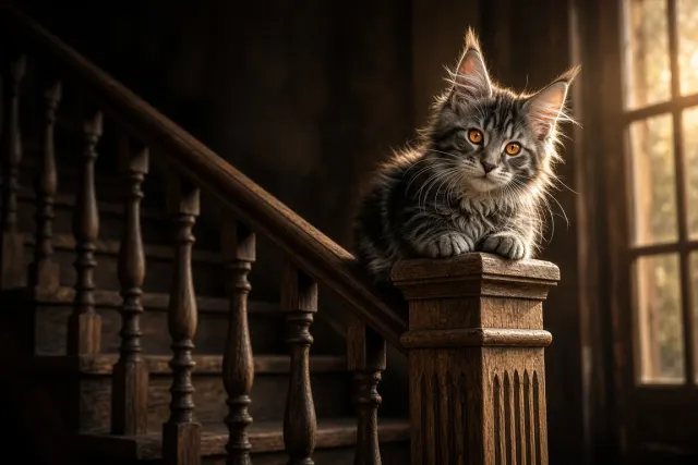 Tufted Maine Coon Kitten on Rustic Timber Staircase Post