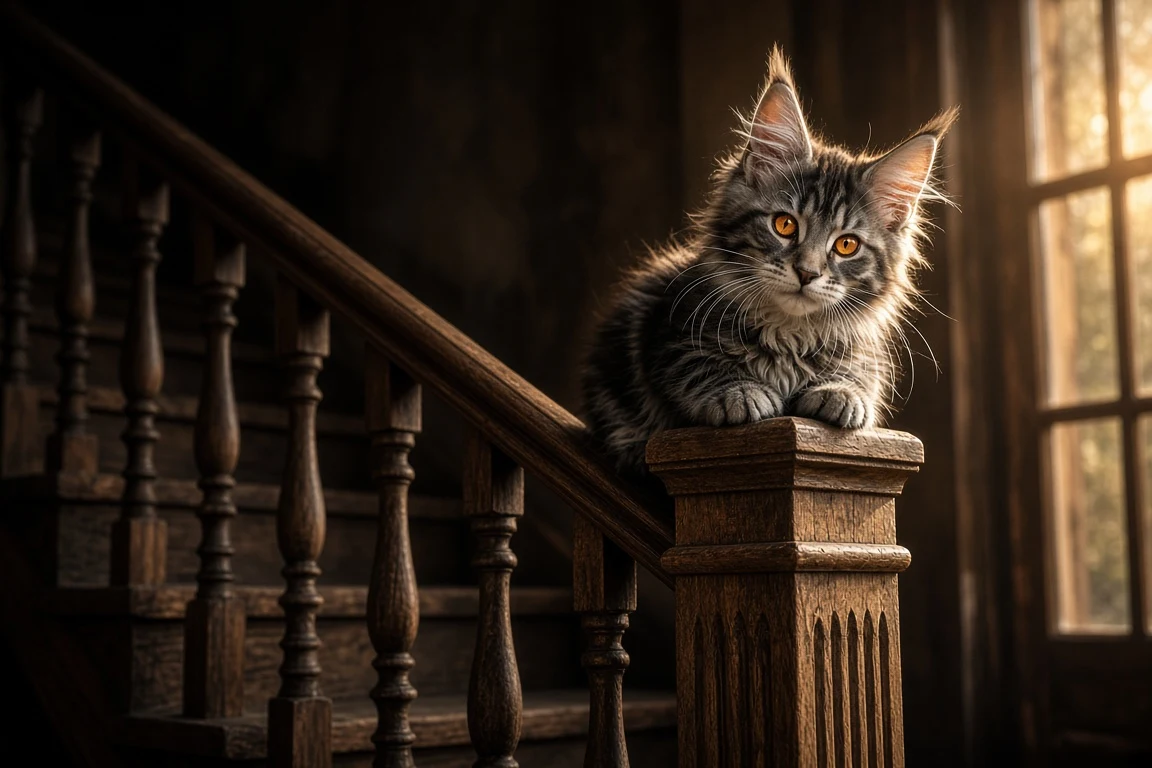 Tufted Maine Coon Kitten on Rustic Timber Staircase Post