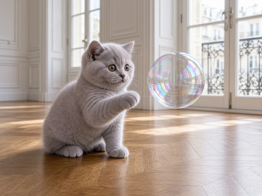 Lilac British Shorthair Batting Soap Bubble on Parquet Floor