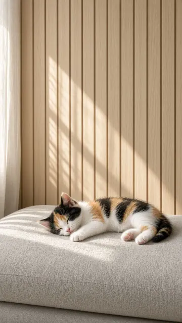 Calico Kitten Dozing in Sunlight on Scandinavian Daybed