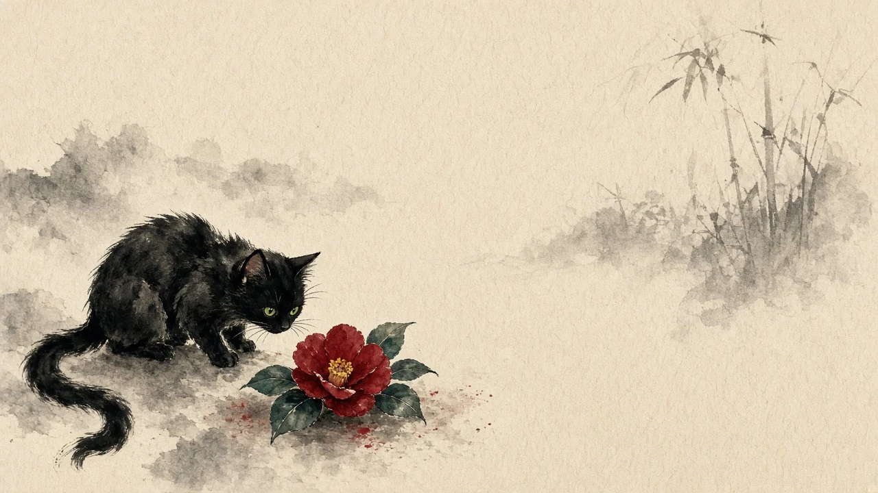 Sumi-e Ink and Watercolor Study of Black Kitten and Fallen Camellia