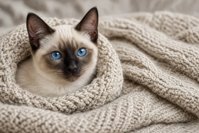 Seal Point Siamese Kitten Peeking from Chunky Wool Knit