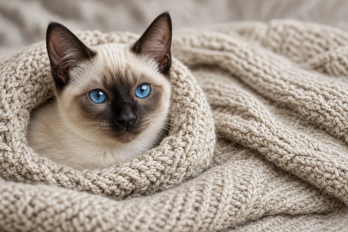 Seal Point Siamese Kitten Peeking from Chunky Wool Knit