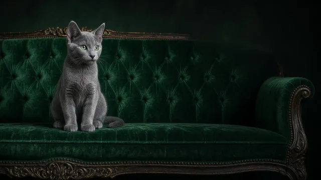 Russian Blue Kitten on Velvet Armchair Editorial Portrait