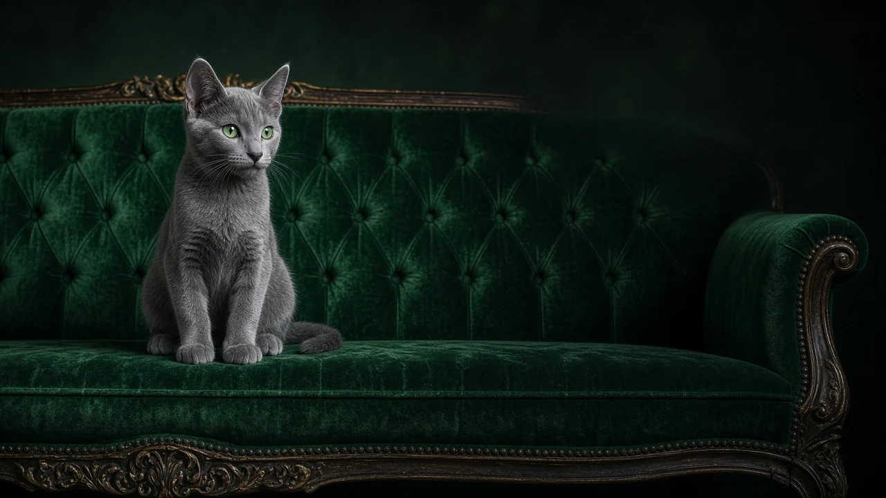 Russian Blue Kitten on Velvet Armchair Editorial Portrait