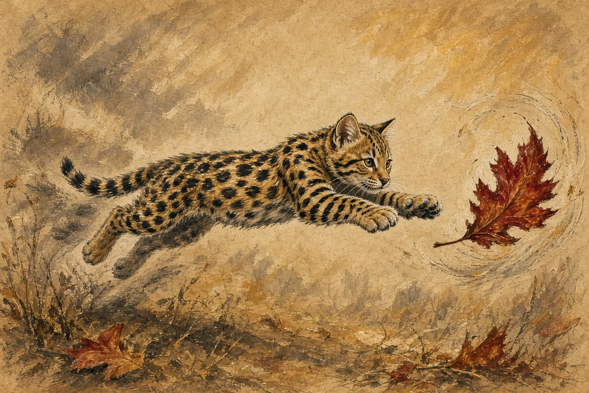 Gouache and Charcoal Study of Bengal Kitten Leaping for Oak Leaf