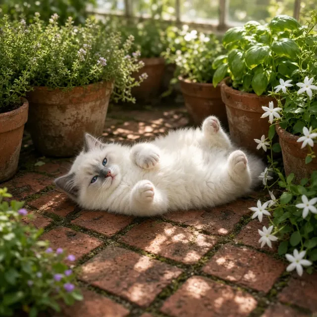 Ragdoll Kitten on Back in Greenhouse Desktop Wallpaper