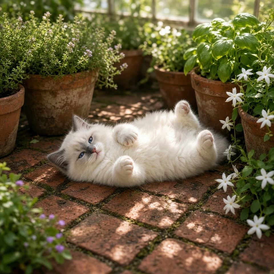 Ragdoll Kitten on Back in Greenhouse Desktop Wallpaper