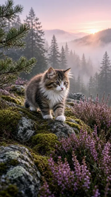 Norwegian Forest Kitten on Mossy Alpine Garden Stones