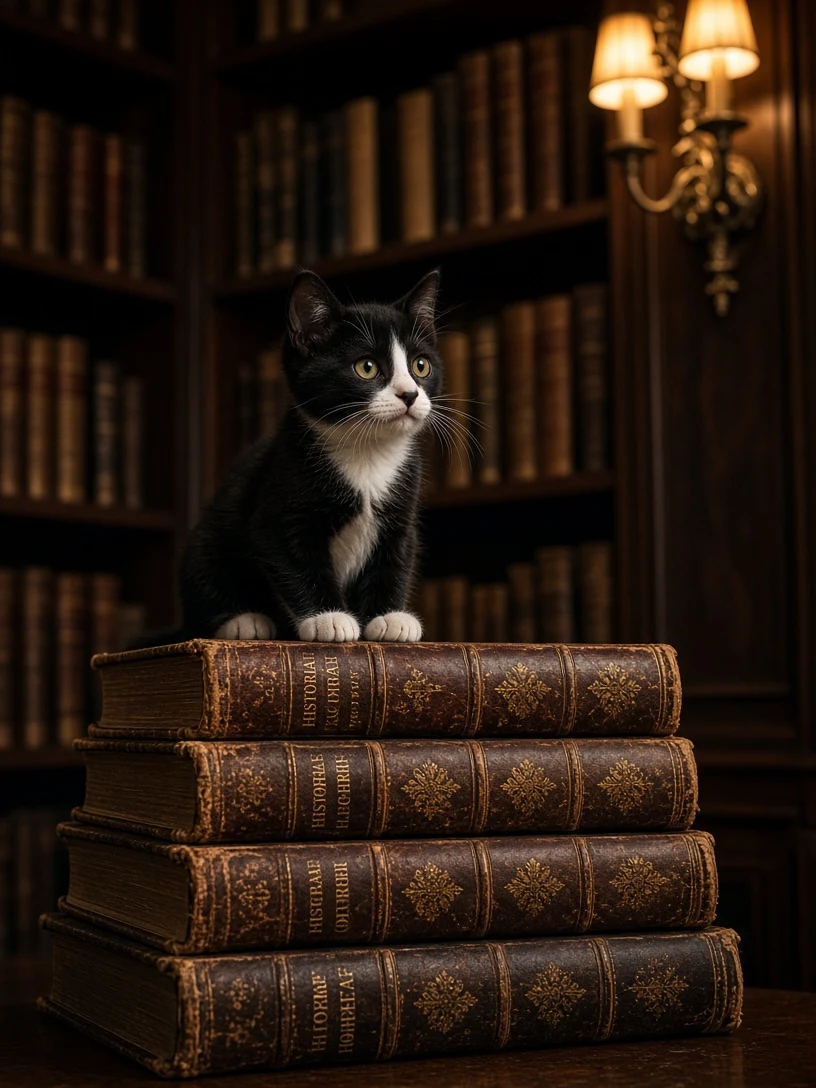 Tuxedo Kitten Atop Antique Leather-Bound Books Cover Layout
