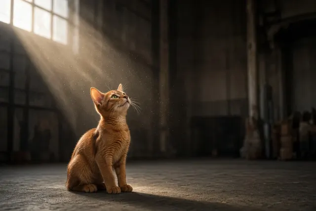 Abyssinian Kitten Watching Sunlit Dust Mote Vertical Wallpaper