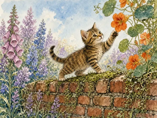 Storybook Watercolor of Tabby Kitten on Old Brick Garden Wall