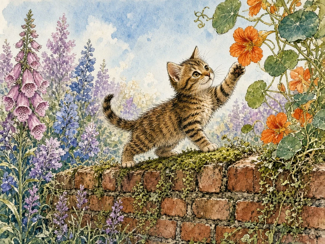 Storybook Watercolor of Tabby Kitten on Old Brick Garden Wall