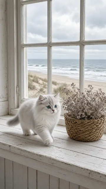 Silver Shaded British Longhair on Coastal Window Bench