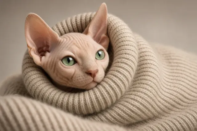 Sphynx Kitten Wrapped in Ribbed Cashmere Studio Portrait