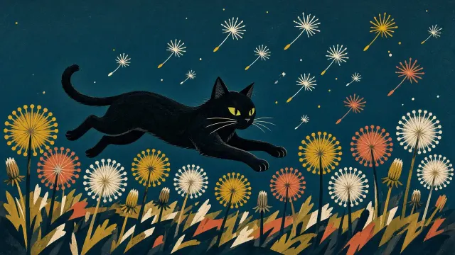 Mid-Century Modern Gouache of Black Kitten and Stylized Dandelions