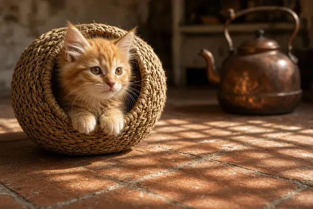 Ginger Kitten in Woven Seagrass Laundry Basket Social Story