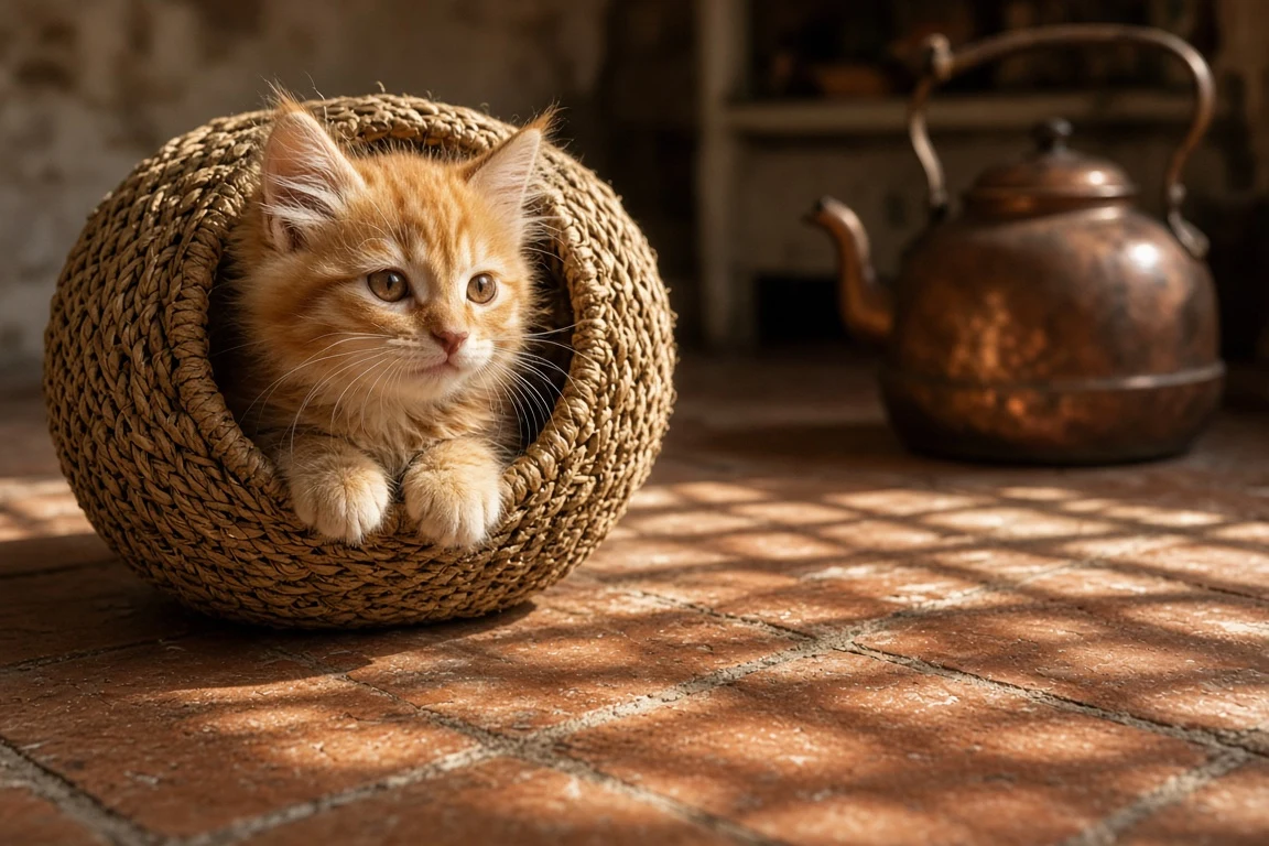Ginger Kitten in Woven Seagrass Laundry Basket Social Story